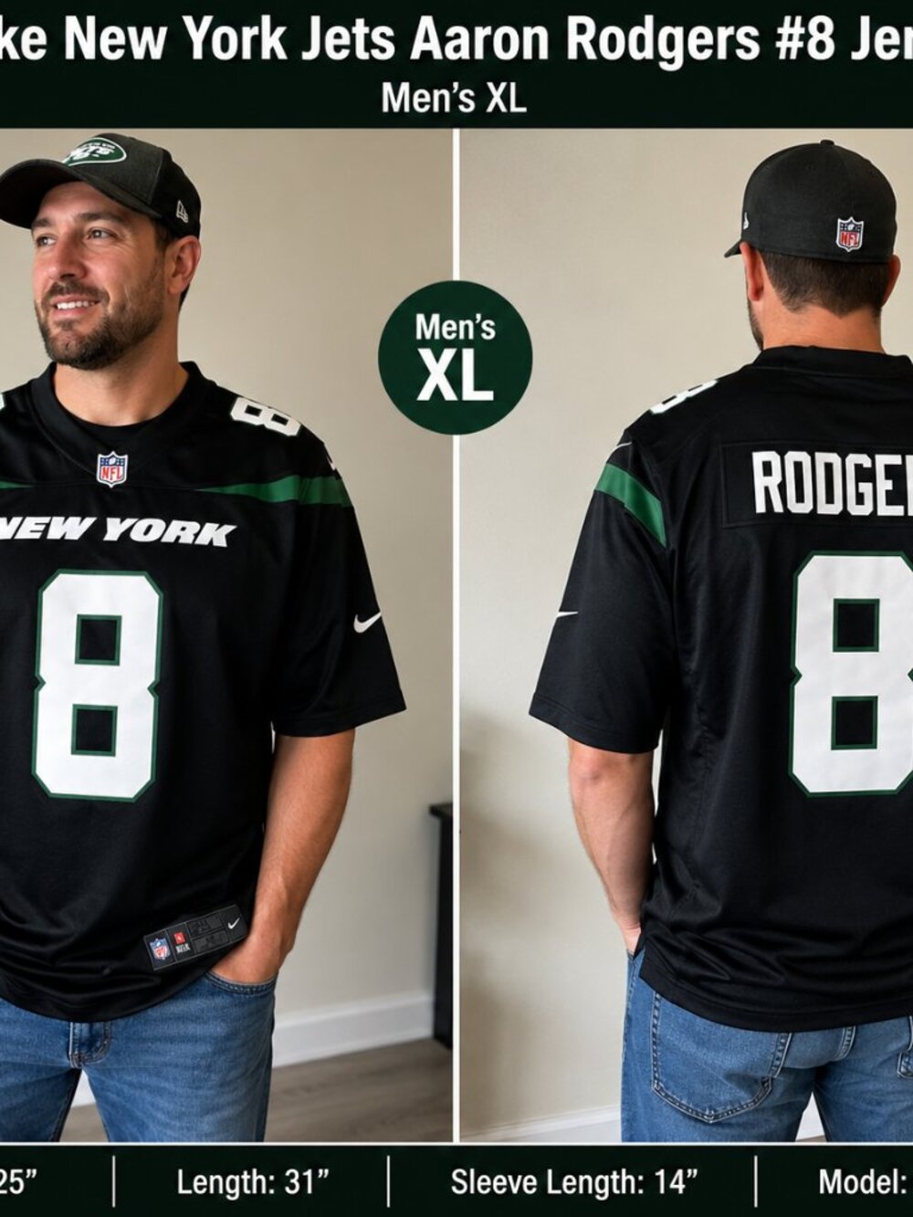 Nike Aaron Rodgers #8 New York Jets Black NFL Game Jersey Men's XL Authentic